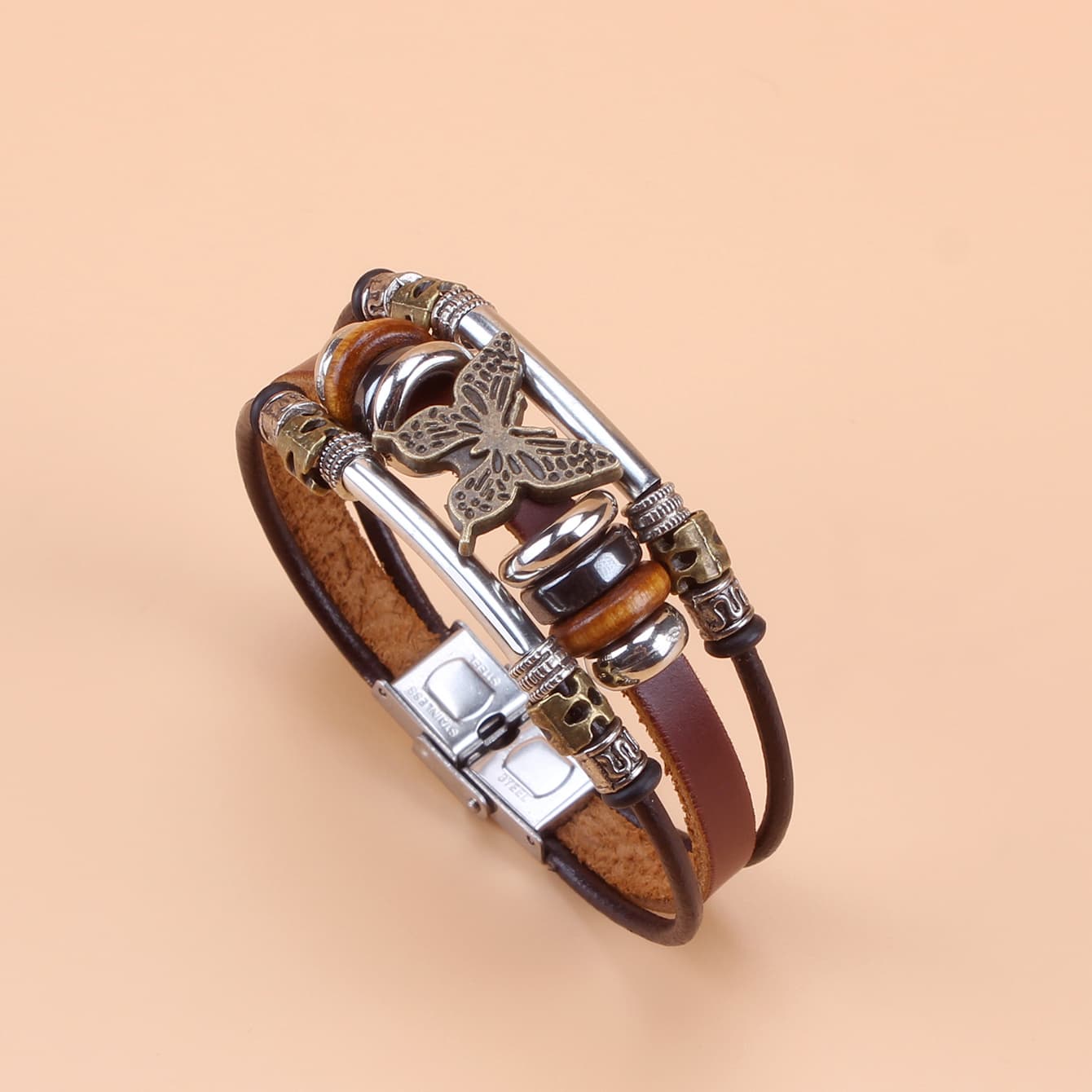 TEMU Beaded Pu Leather Stainless Steel Bracelet