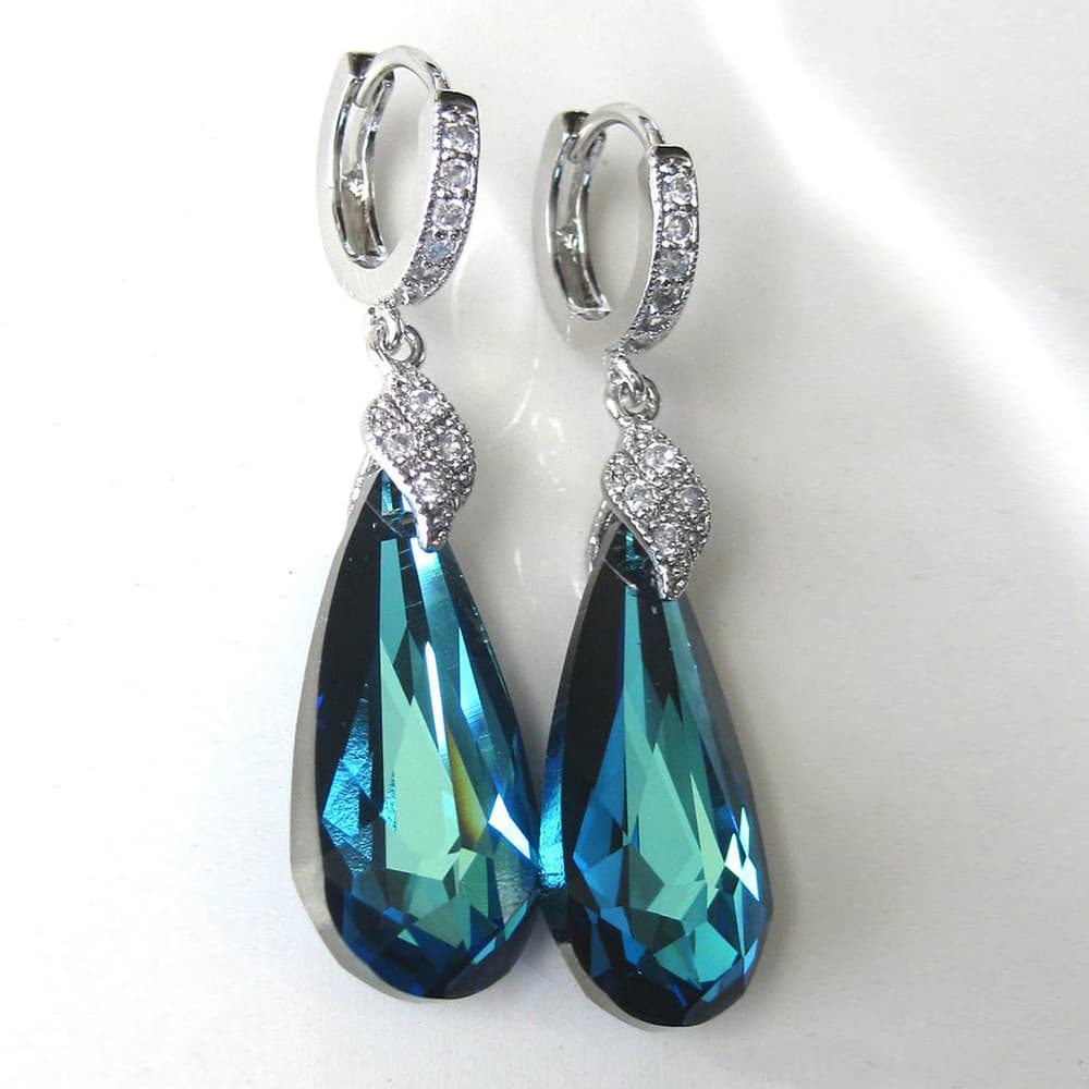 TEMU Synthetic Zirconia Teardrop Cut Synthetic -sapphire Pendant Aquamarine Hoop Dangle Earrings For Women Bridal Engasynthetic Gemstoneent Wedding Jewelry