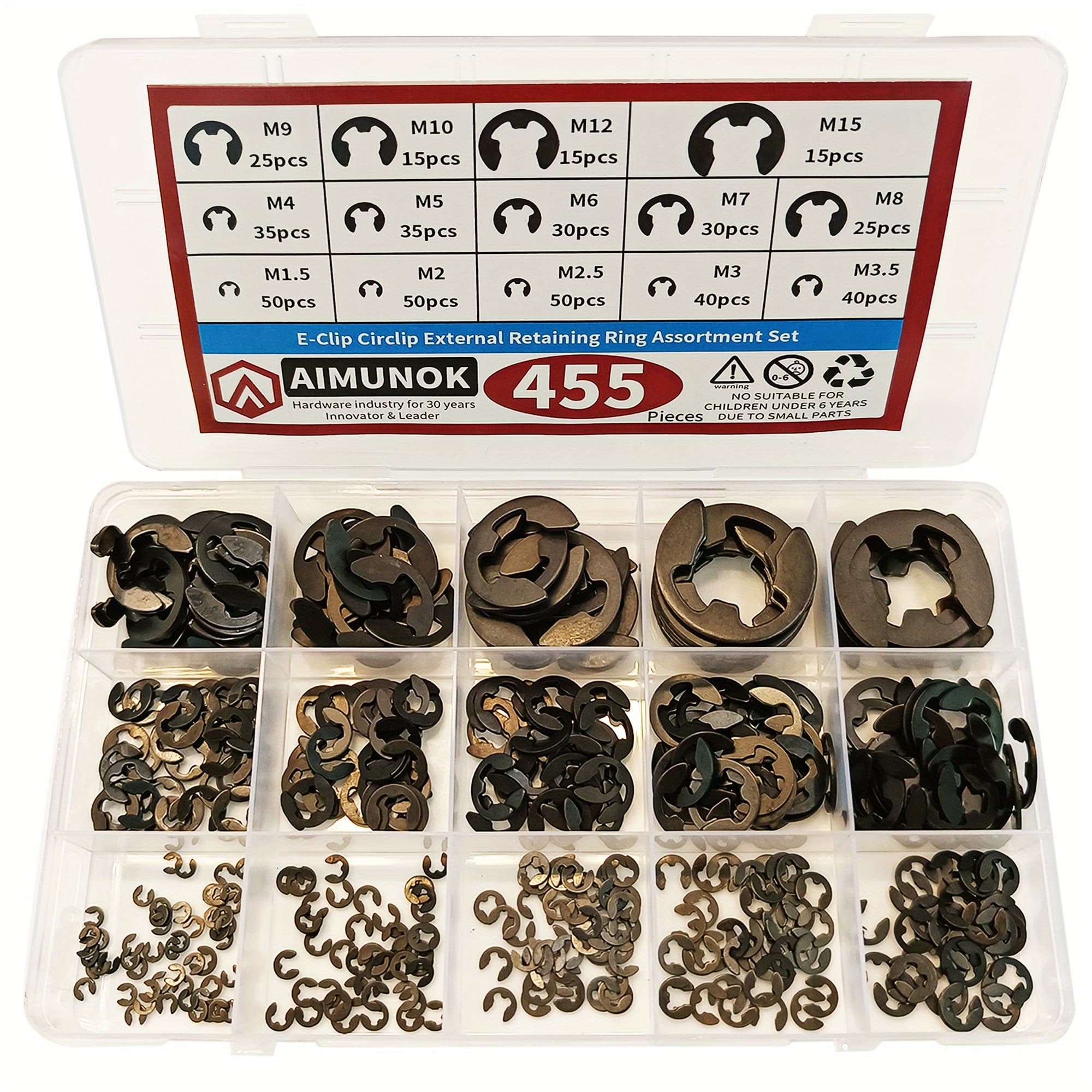 TEMU Aimunok 455pcs External Retaining Rings Snap Rings Assortment, Set, Includes 14 Sae Sizes Of Circlip Snap Rings From M1.5 To M15