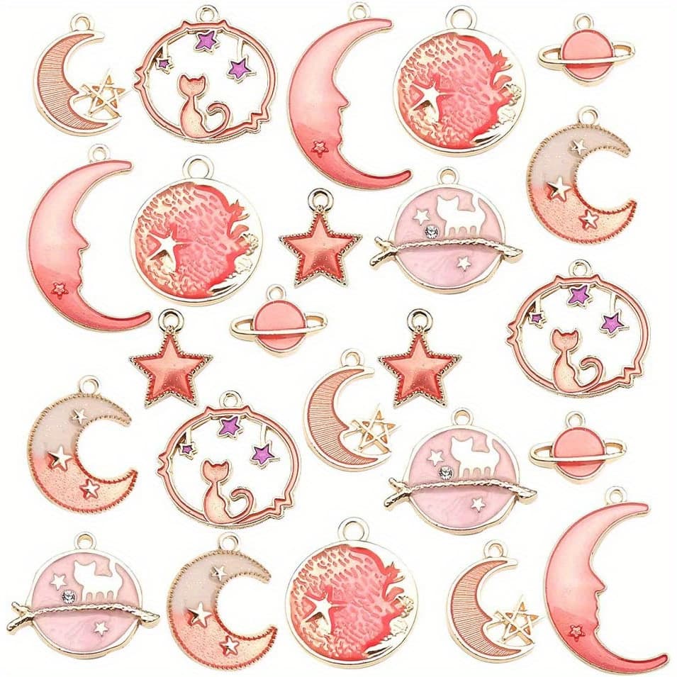 TEMU 24pcs Pink Assorted Enamel Cat Moon Star Celestial Charm Pendant Diy For Earrings Necklace Bracelet Jewelry Making And Crafting