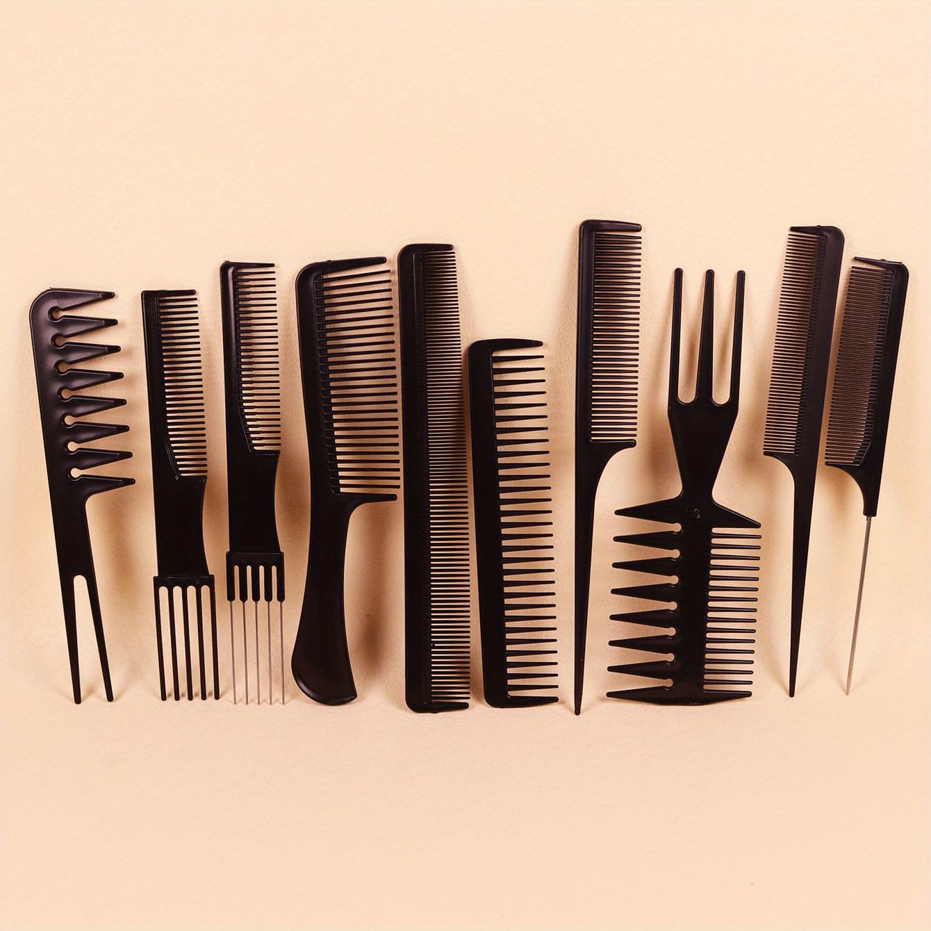 TEMU 10pcs Professional Hair Styling Comb Set - Durable Abs Plastic, Versatile For All Hair Types, Includes Detangling, Teasing & Edge Control Combs