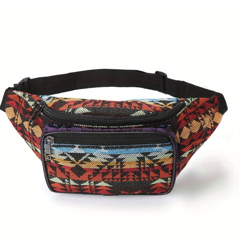 TEMU Fabric Belt Bag Fashion Women Waist Packs Double Zipper Chest Bag Bohemian Style Tribal Phone Belt Bag