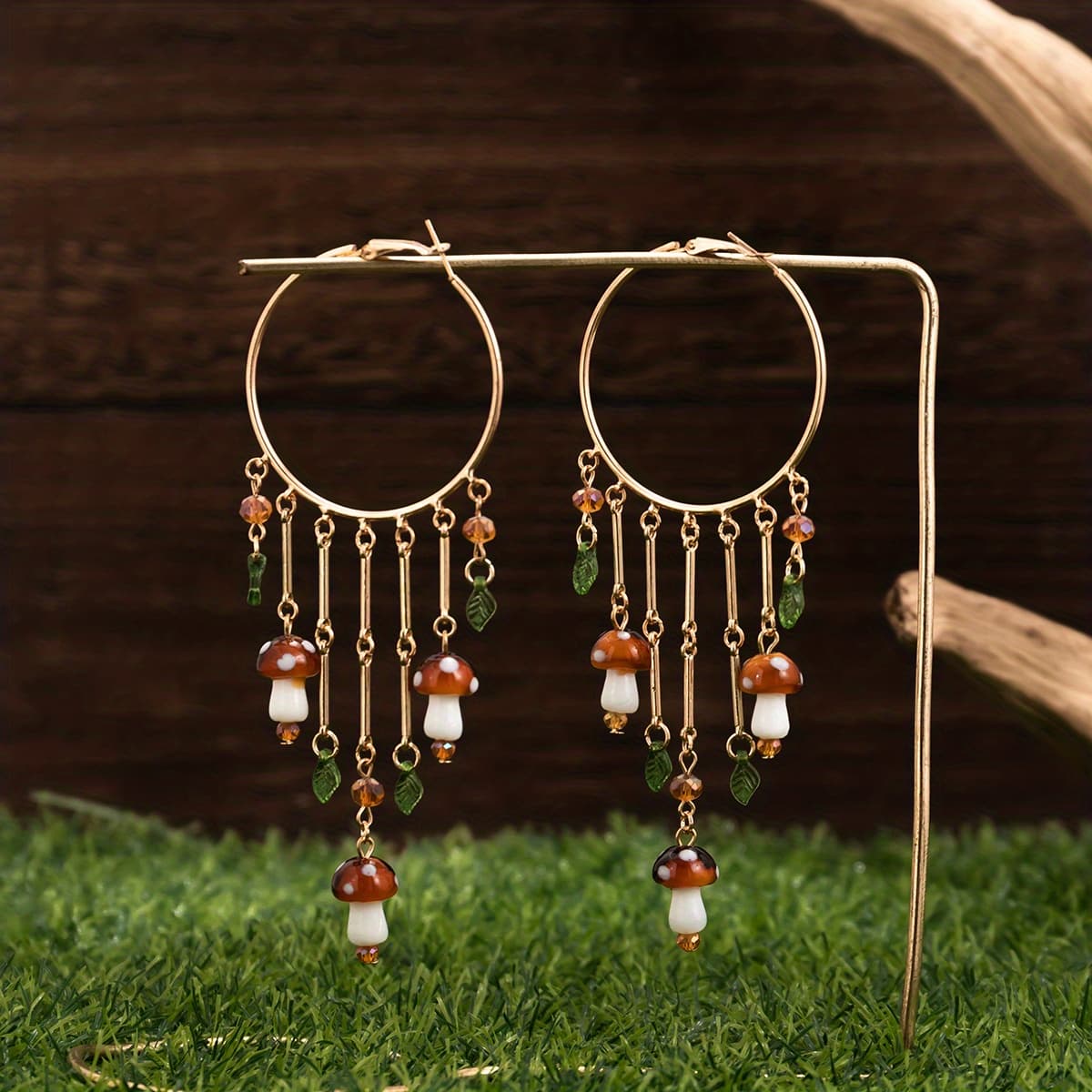 TEMU 2pcs Bohemian Long Tassel Earrings With Geometric Large Hoops, Mushroom & Leaf Accents - Vintage & Minimalist Style, Alloy, Daily Wear Or Vacation, Novelty Earrings