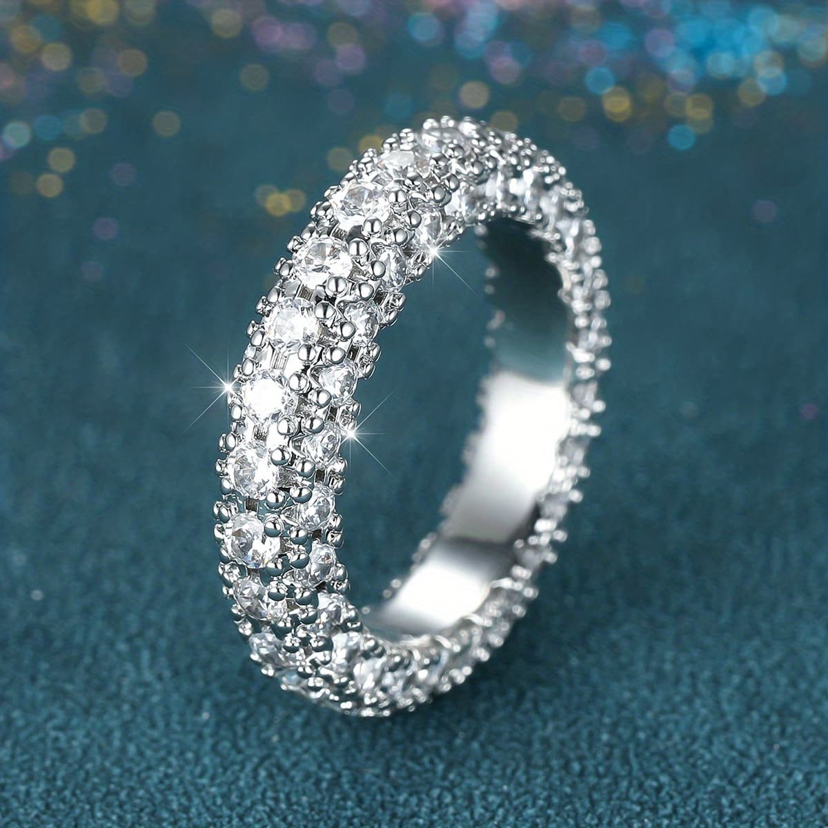 TEMU Elegant Three-sided White Synthetic Zirconia Women's Halo Ring