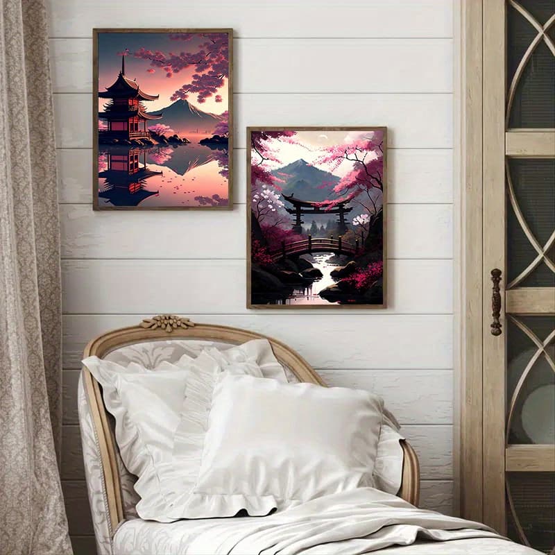 TEMU 2pcs Frameless Japanese Landscape Wall Art Sakura Posters And Prints For Living Room Bedroom Home Decor No Frame