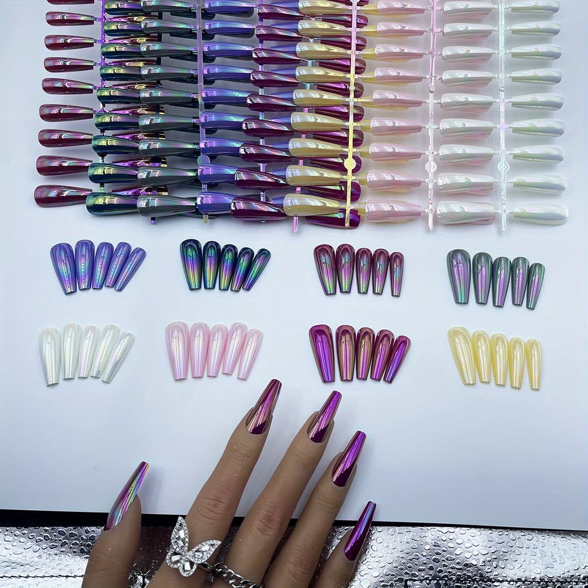 TEMU Style With This Set Of Long Ballet-shaped False Nails In 8 Vibrant Colors, Featuring A Glossy Aurora End