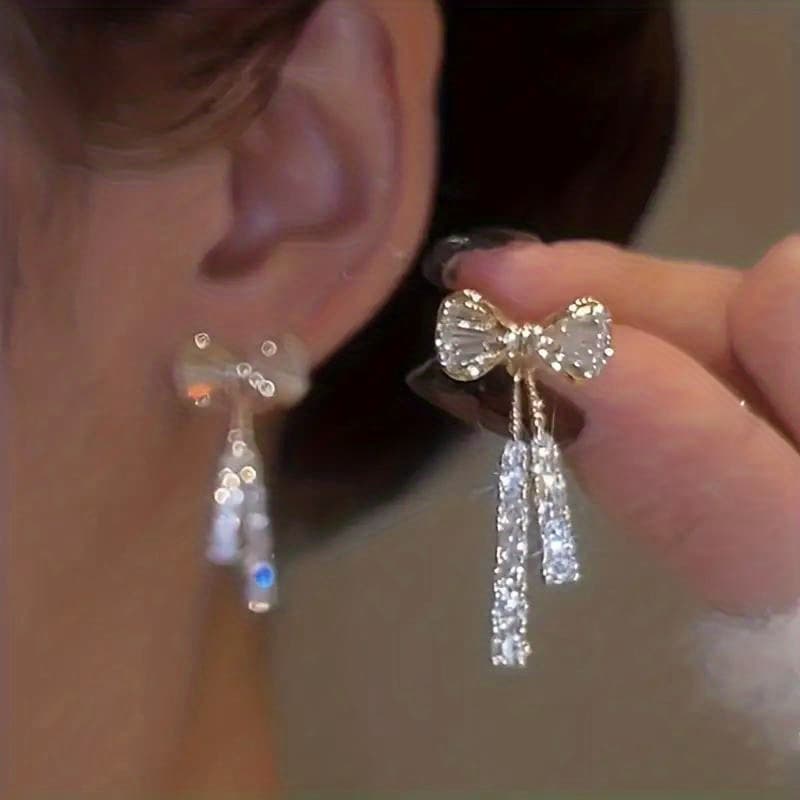 TEMU Elegant Bow Tie Drop Earrings With Accents And Dangling Tassels, Alloy Construction, For Women, Suitable For And Gift-, Cute Earrings