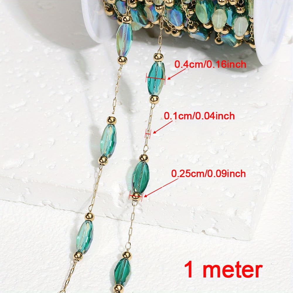 TEMU A 1-meter Long Green Stainless Steel Chain With Artificial Crystal Beads, Perfect For Crafting Necklaces, Bracelets, Sweater Chains, And Other Jewelry Items