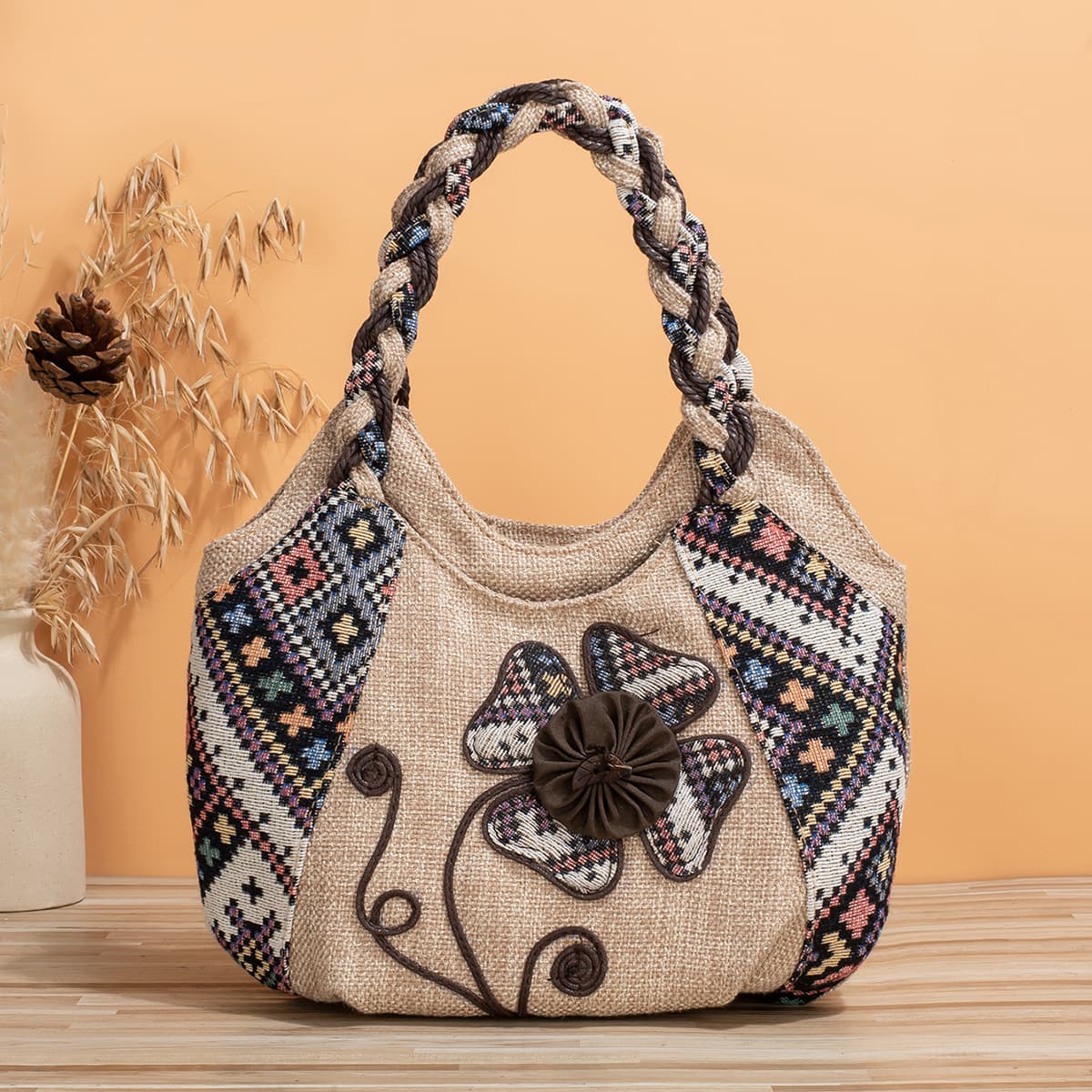 TEMU Colorful Handmade Floral Toiletry Bag With Braided Handles - Lightweight, Foldable Fabric Organizer With Multiple Compartments And Zip Closure, Toiletry Travel Bag