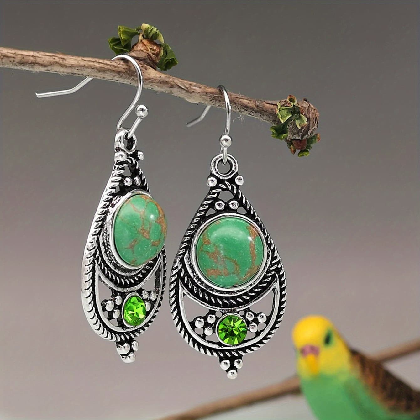 TEMU Vintage Boho Women's Fashion Dangling Earrings, Alloy, Green Aventurine, , With Stainless Steel Ear Needle, For , Office, Street, Party, Vacation, Gift