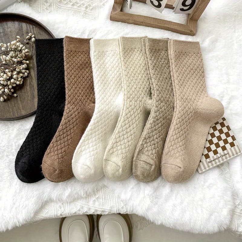 TEMU 6 Pairs Of Socks Women's Autumn And Winter Thickened Terry Socks Solid Color Simple Thermal Socks Versatile Medium Tube Socks Ins