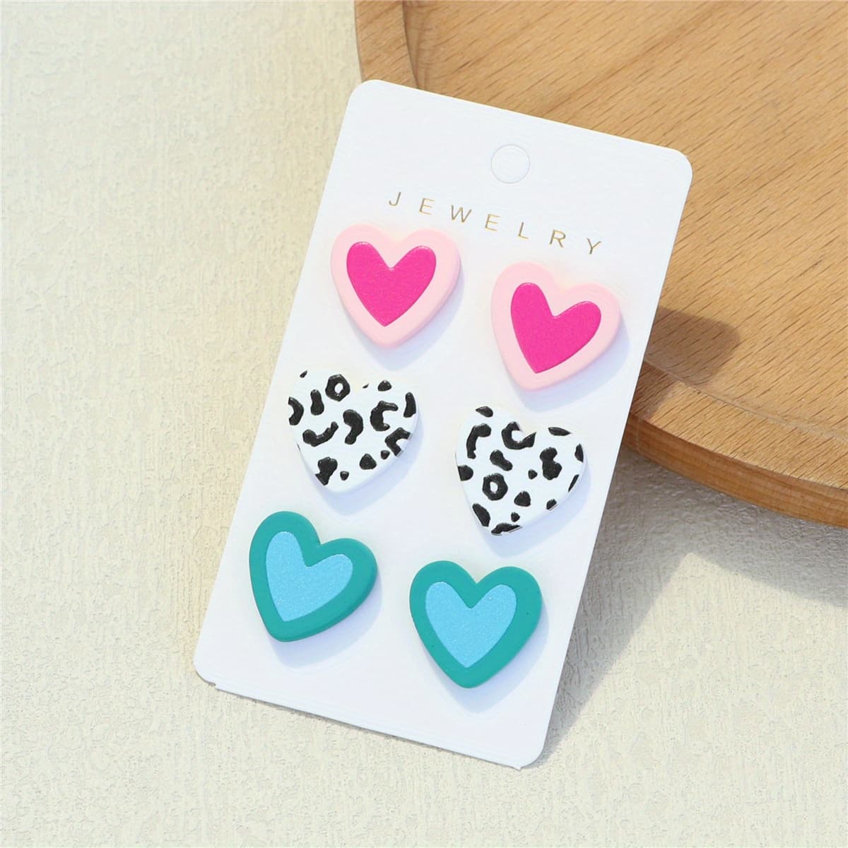 TEMU 3-in-1 Card Ladies' Heart-shaped Acrylic Earrings With , Blue Hearts, And Leopard Print -textured Cute