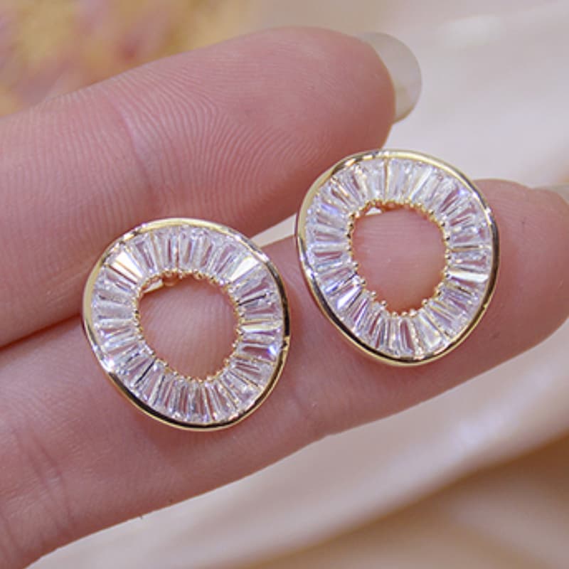 TEMU Fashion 18k Golden Plated Artificial Crystal Geometric Hollow Circle Stud Earrings Party Bridal Fine Jewelry Birthday Gifts For Women
