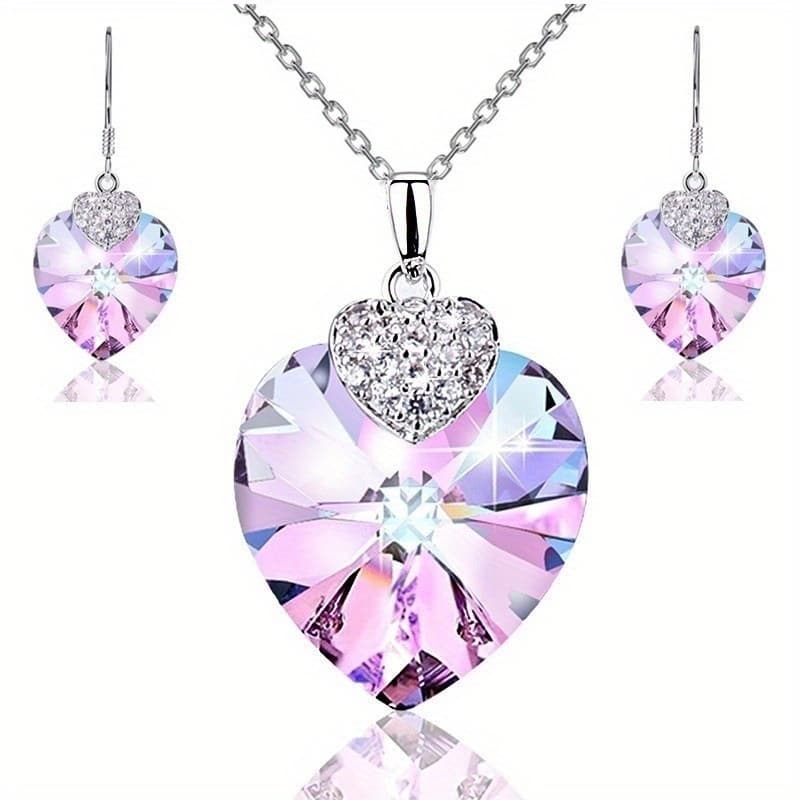 TEMU Elegant Heart-shaped Crystal Necklace & Earrings Set For Women - Embellished, Ideal For Weddings, Engagements, And Special Occasions, Wedding Jewelry|heartshaped Design|durable Jewelry,