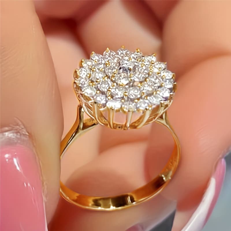 TEMU Elegant Lotus Seed Zirconia Flower Ring - Princess Romantic Wedding Fine Jewelry, Anniversary Gift, Copper With Golden Plating, Synthetic Stones, Perfect For Daily Wear Or Special Occasions