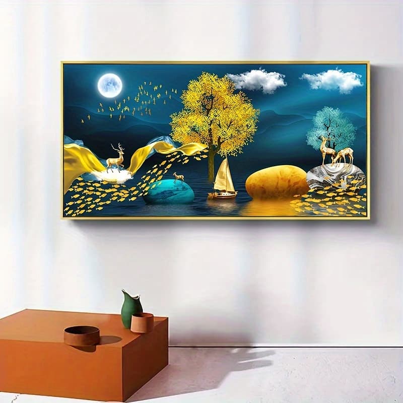 TEMU Feng Shui Tree & Deer Landscape Canvas Art - Wall Decor For Living Room, Horizontal Orientation