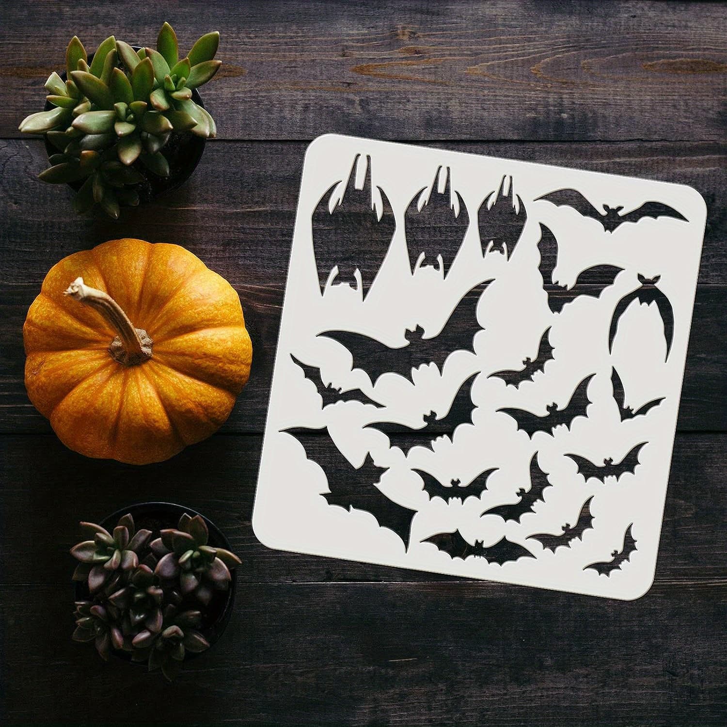 TEMU 1pc Halloween Bats Stencil 11.8x11.8inch Reusable Halloween Theme Drawing Stencil, Plastic Scary Bats Pattern Stencil For Painting On Wall, Canvas, Tile, Furniture And Paper