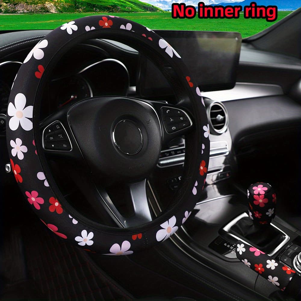 TEMU 3pcs Cute Floral Car Steering Wheel & Gear Shift Cover Set - Breathable, Soft Fabric, No - Women