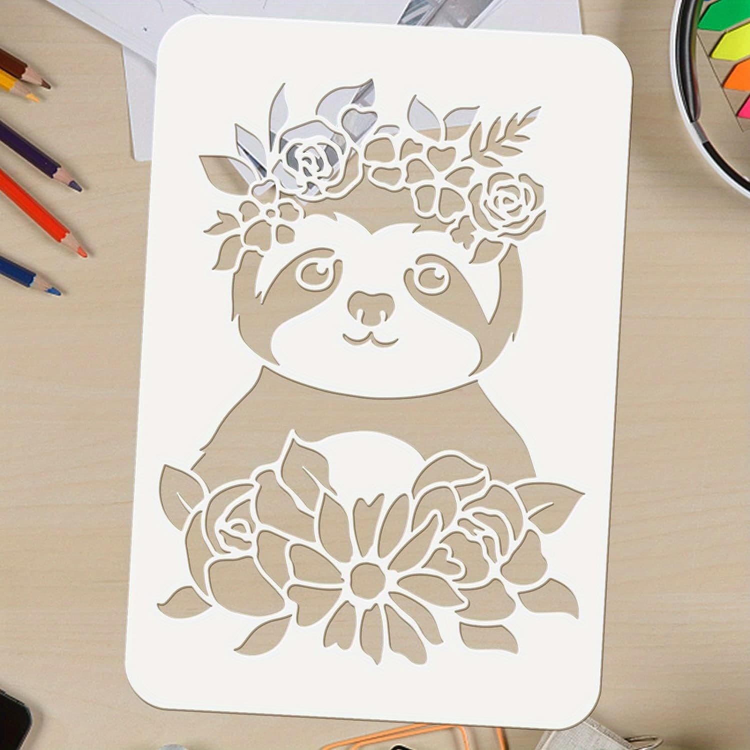 TEMU 1pc Sloth & Wreath Stencil With Hollow-out - Template For Painting On Wood, Canvas, Fabric - Sloth Face, Ears, , Legs, Tail - Diy Crafts, Fabric, Wood, Wall - Guide For Coloring 8.3x11.7"