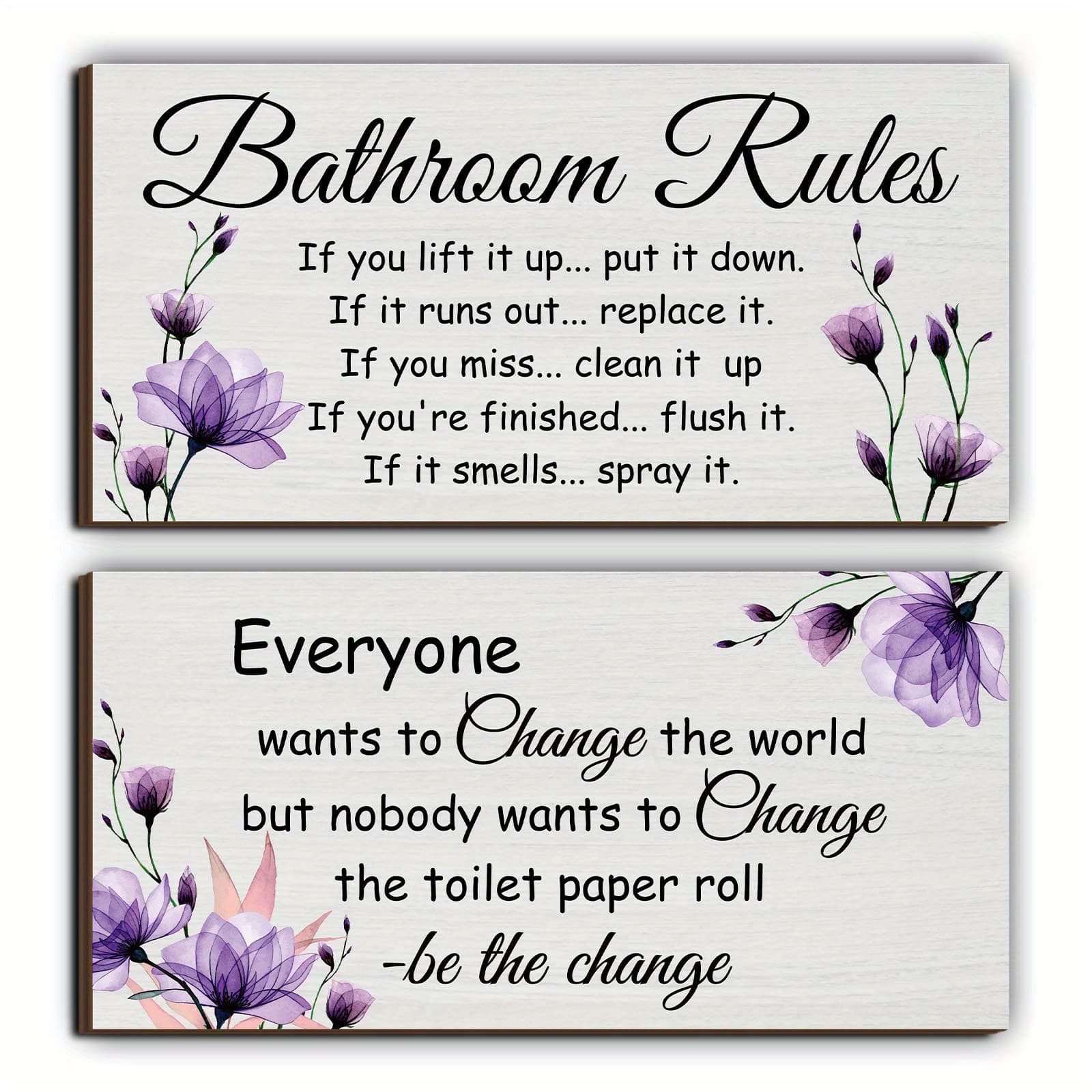 TEMU 2pcs Purple Floral Bathroom Wall Decor Funny Bathroom Rules Signs Decor, Bathroom Signs Toilet Decor Purple Bathroom Wall Decor Wooden Wall Decor Hanging Signs Wall Art Set