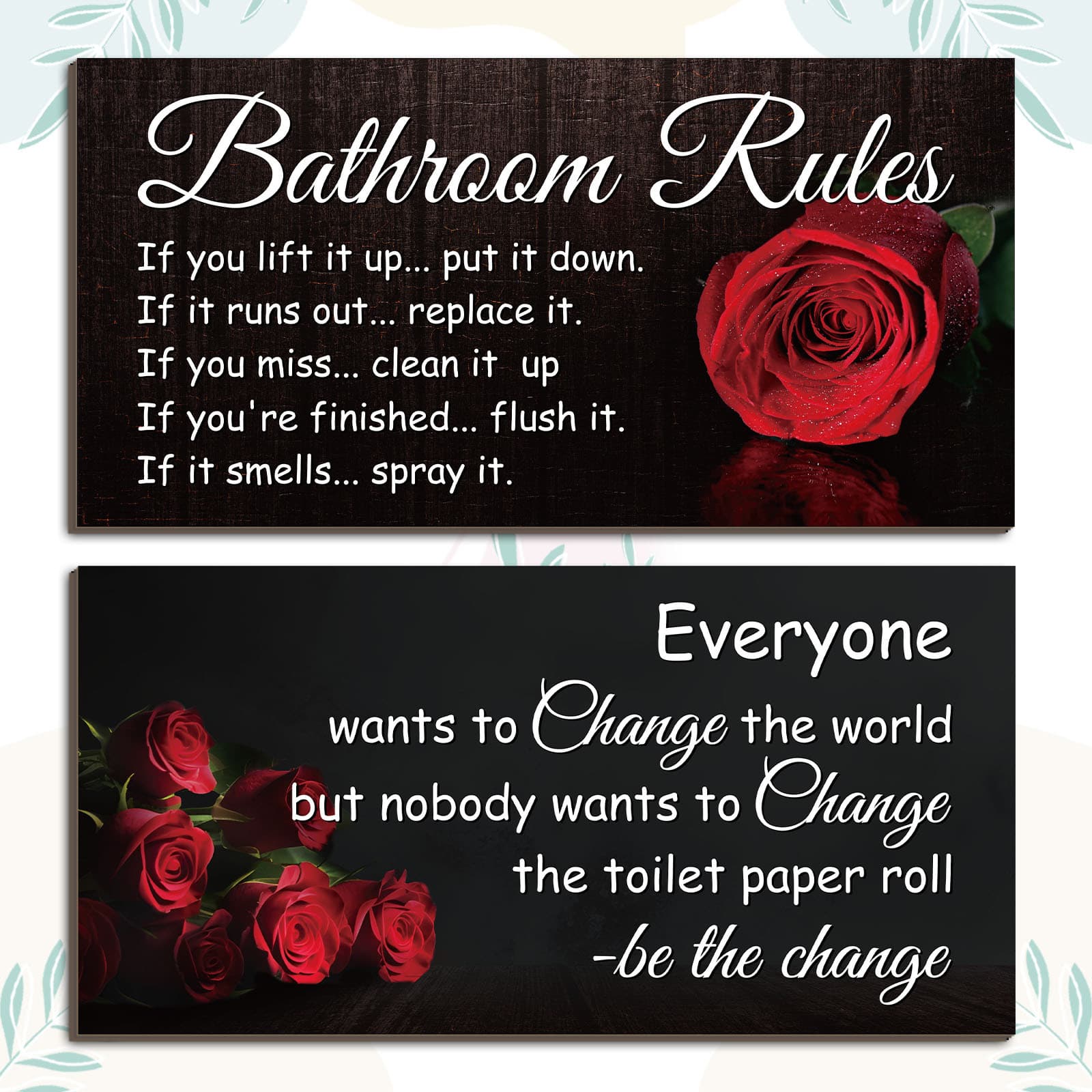 TEMU 2pcs Wooden Bathroom Wall Decor Plaque With Rose Pattern, Vintage Country Bathroom Rule Decor Plaque, Black Tones, Funny Wall Art Decor
