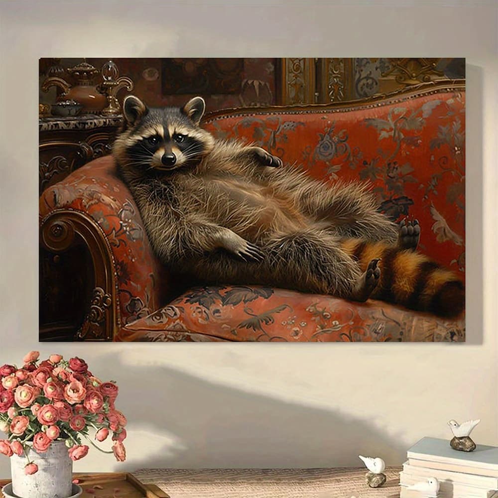 TEMU 1pc, Wooden Frame Canvas Painting, Fat Raccoon Victorian Portrait Oil Painting Canvas Print - Chubby Raccoon, Framed Wall Art Print, Home Decor, Gift For Him Or Her, Ready To Hang A3699