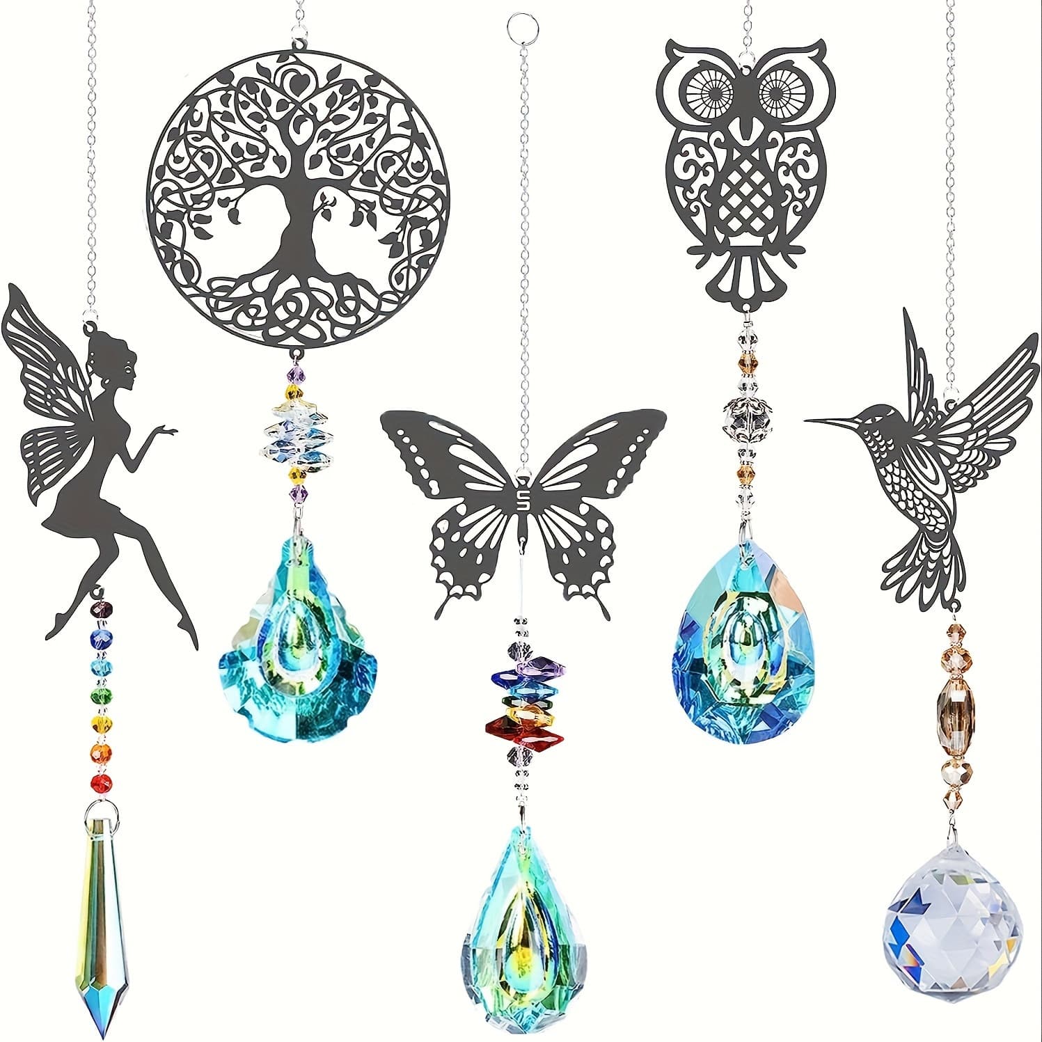TEMU Sparkling 5-piece Crystal Capture Mirror Set - Owl, Hummingbird, And Designed For Window Decoration - Indoor Rainbow Manufacturer Decoration, Gift