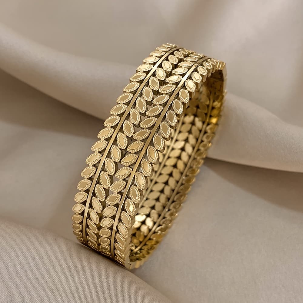 TEMU Luxury Golden-tone Stainless Steel Cuff Bracelet - Vintage , Waterproof Bangle For , Elegant Retro Jewelry, Bangle Bracelet