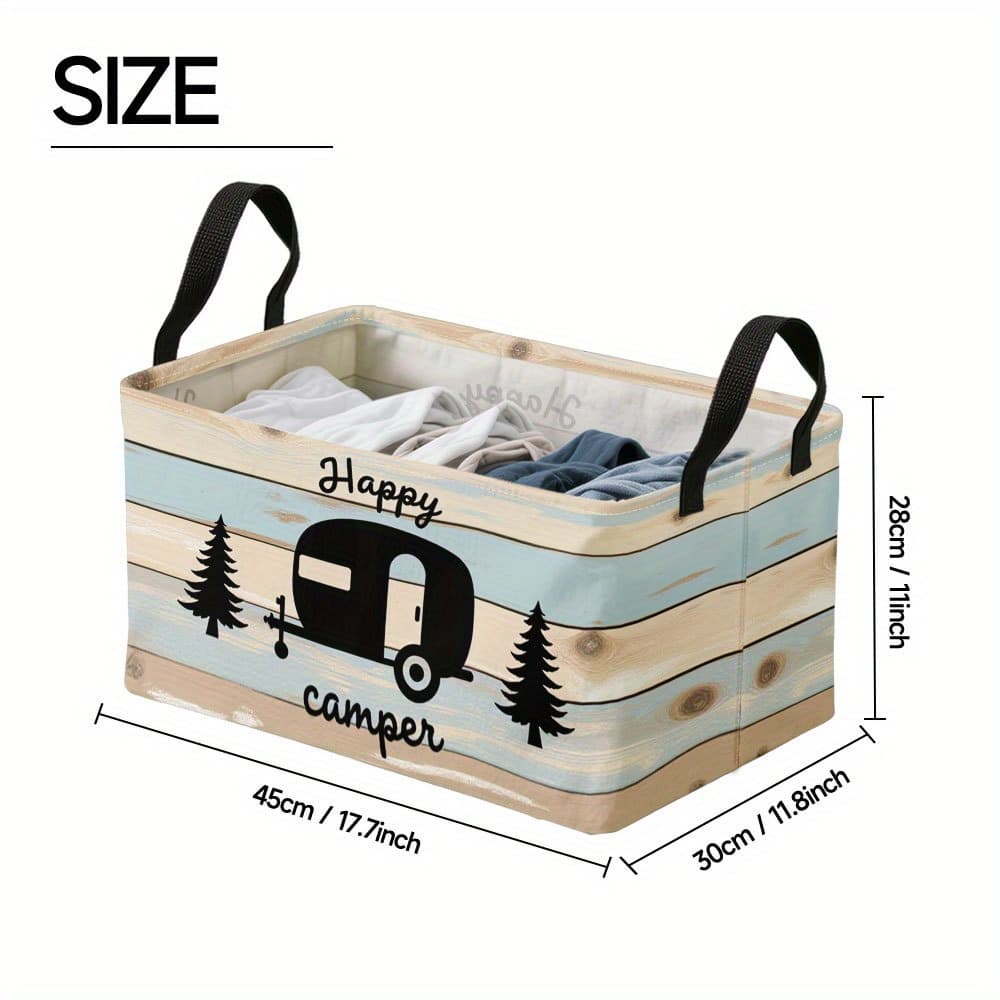 TEMU 1pc, Oversized Happy Vintage Trailer Forest Pattern Open Storage Basket, Square Oxford Bin With Metal Frame, Dirty Clothes Basket For Small , Studio Apartment Storage And Minimalist