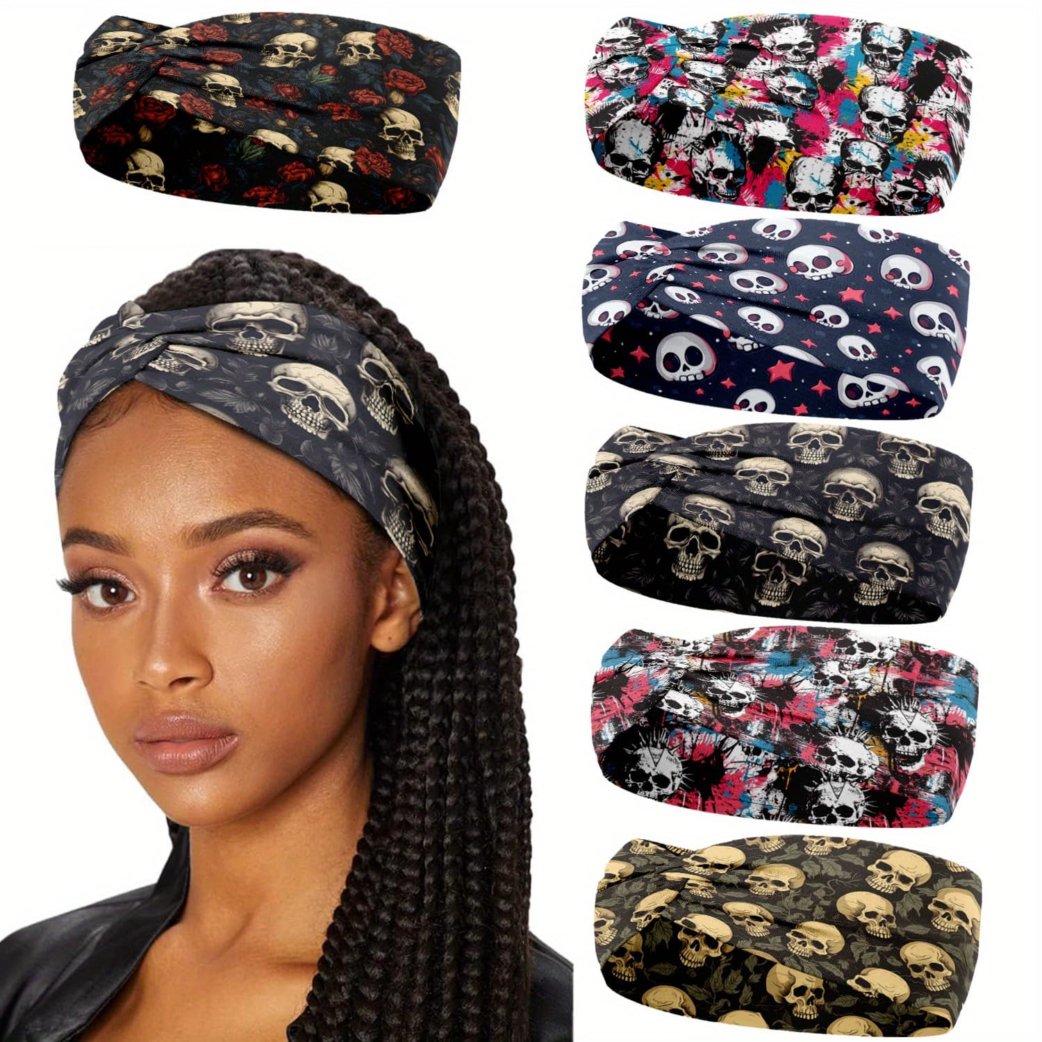 TEMU 6 Pack Women's Wide Headbands - Print Yoga Running Gym Headbands, Stretchy Workout Head Wraps With 6 Hair Ties, Sports Accessories, Exercise Headband, Edgy Design, Multicolor Options