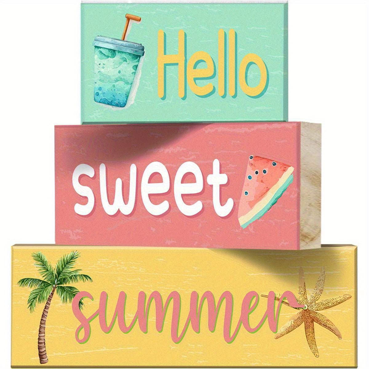 TEMU 3pcs Summer Wooden Block Decor Multi-item Party Favor Packs, Hello Summer Mini Desktop Decoration Tiered Tray Decor For Bedroom Living Room Kitchen Party Decor (non-food Contact)