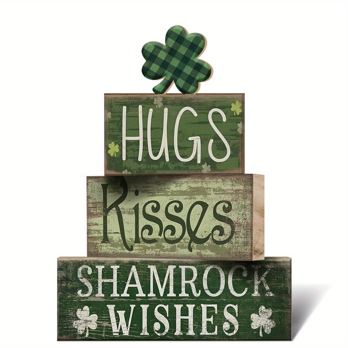 TEMU 4pcs 's Day Table Wooden Signs, Hug Shamrocks Table Decoration, Green Striped Tiered Tray Decor, Irish Themed Centerpiece For Farmhouse Holiday Tabletop Home Decor