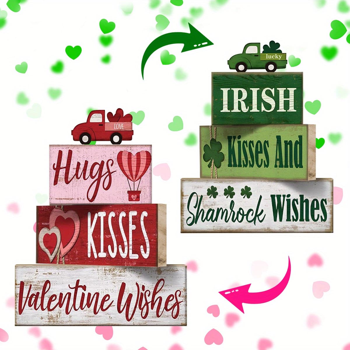 TEMU 5pcs Reversible Valentine's Day 's Day Decorations | Double Side Table Sign, Tiered Tray Decor, Wood Truck Block, Valentine Table Centerpiece For Home