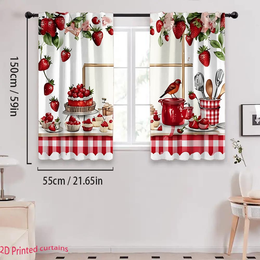 TEMU 2pcs Strawberry Scene Patterned Curtains, Easy To Hang With A Rod, Suitable For Living Room And Bedroom Decoration
