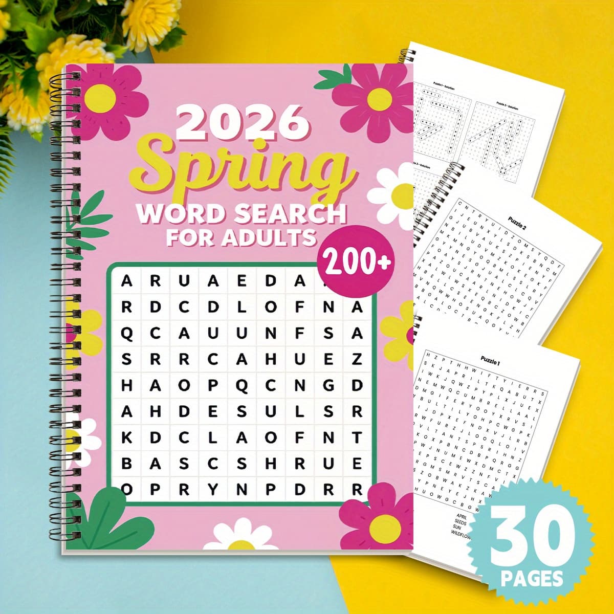 TEMU 1pc Spring/easter Spiral Bound Composition Notebook - 30 Page Puzzle Book With Floral & Bunny , Large Print Activity For &, Portable Daily Note Taking Journal Suitable For Spring/easter Gifts