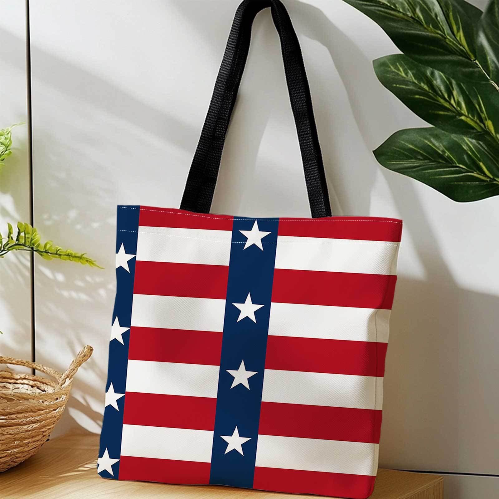 TEMU 1pc, Double-sided Printed Tote Bag With Vertical American Flag Pattern. Lightweight Foldable Reusable Shoulder Bag For Travel, Camping And Everyday Use. , Camping Additions