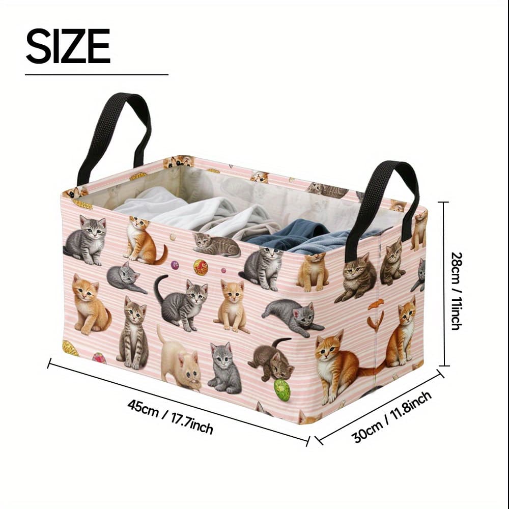 TEMU 1pc, Oversized Cute Kittens Pink Stripes Storage Basket, Square Oxford Bin With Metal Frame, Large Foldable Organizing Basket For Sewing Notions, Fabric And Quilting Essentials