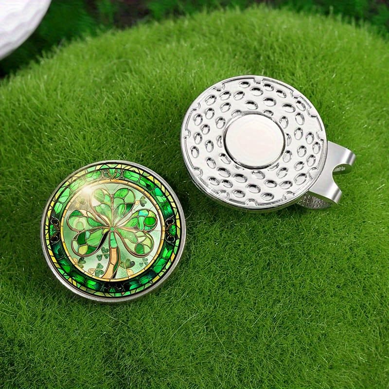 TEMU 1pc Irish Shamrock Magnetic Hat Clip & Golf Marker - Stained Glass Window With Shamrocks, Magnetic Clip Suitable For Golfers, Irish-themed For Casual Wear & Golf Outfits (no Attachment)