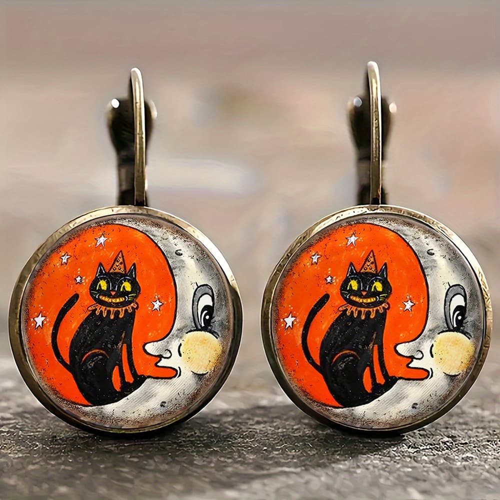 TEMU Alloy Retro Round Earrings - Black Cat & Moon Gothic Jewelry With Smiling & Kissing Cats, Hat Charm - Vintage Dainty Earrings For,, Parties (halloween/special Occasions), For Teenager