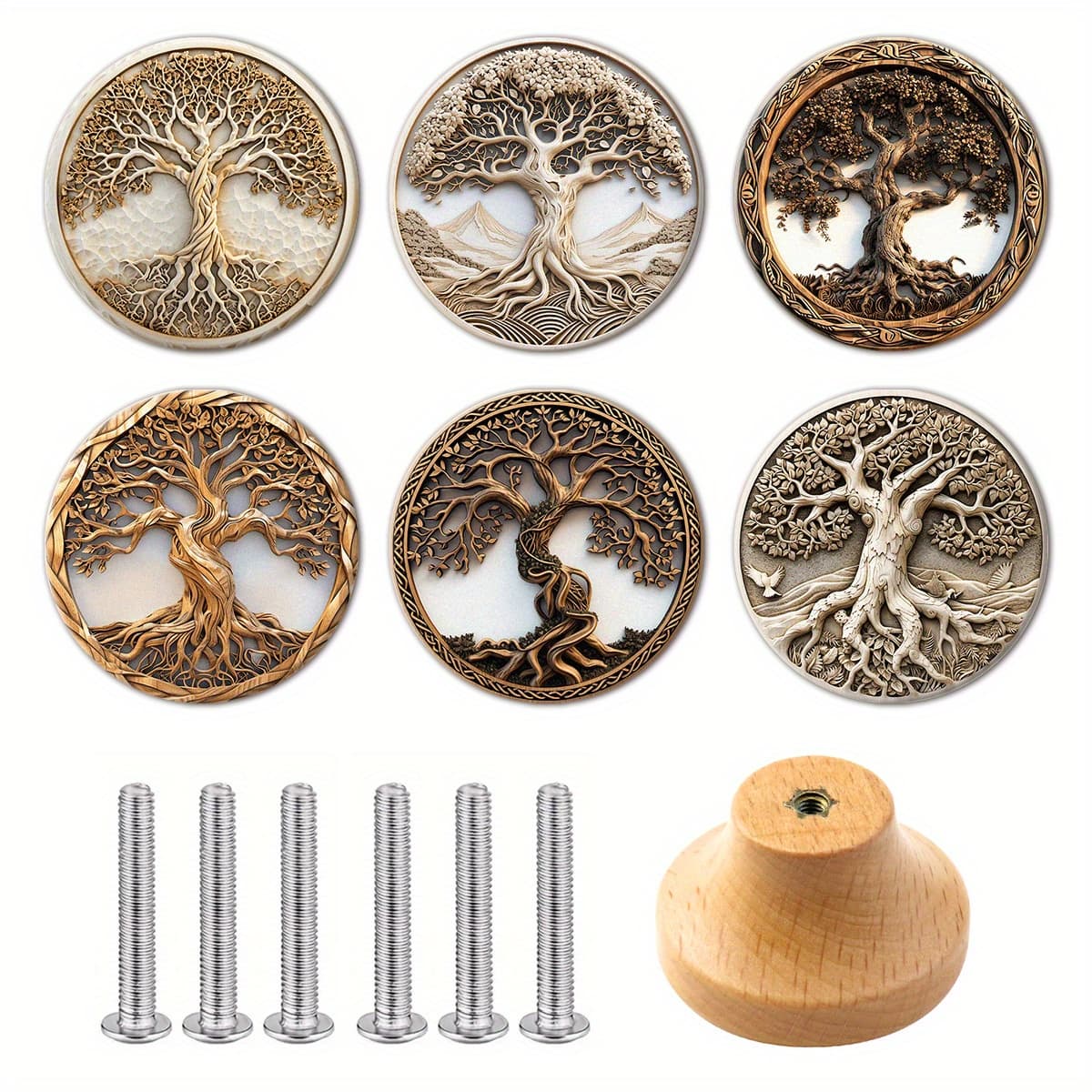 TEMU Set Of 6 Handcrafted Wooden Drawer And Cabinet Handles In , Featuring A Polished End With A Tree Of Life Motif, Perfect For Enhancing Home Decor And Interior Design