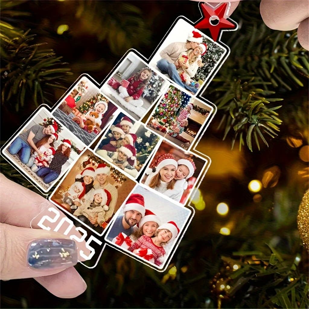 TEMU 2d Flat, Family Photo Christmas Tree Decoration - Custom Name And Year Photo Frame, 2025 Edition Acrylic Keepsake With Hanging Loop, Picture Display, Year After Year Holiday Decoration