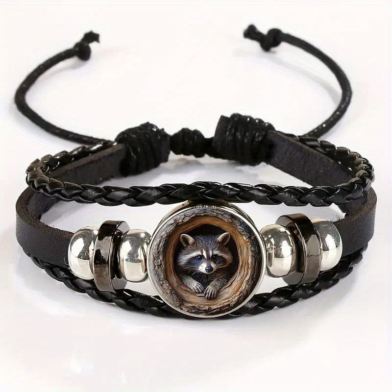 TEMU Adjustable Vintage Bracelet With A Raccoon In A And A Cute Pendant - Stylish Black Leather Wristband, Suitable For Daily Wear Or, For Teenager