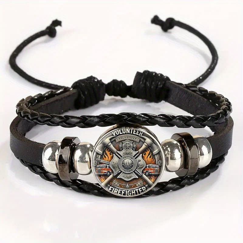 TEMU Adjustable Vintage Bracelet With Volunteer Firefighter Badge Design Charm - Stylish Black Leather Wristband For Casual Attire Gift , For Teenager