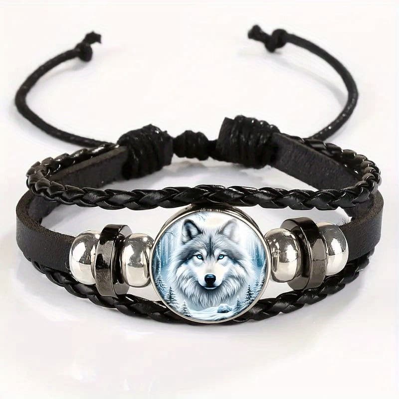 TEMU Adjustable Vintage Bracelet With & White Wolf Pendant - Stylish Black Leather Wristband, Eyes Design, Daily Wear Or Gifting, Bracelet Accessories, For Teenager