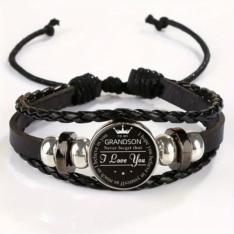 TEMU Adjustable Vintage Bracelet With Ball Engraved "grandson I Love You" Pendant - Black Leather Wristband, Mixed , Gift For Grandparents, Everyday Jewelry For &, For Teenager