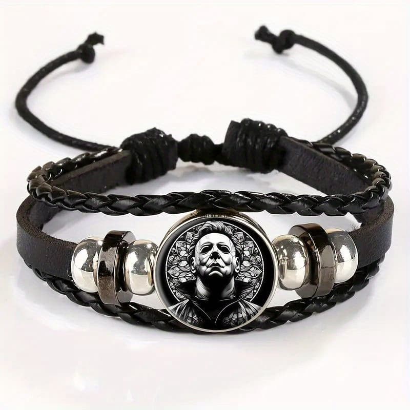 TEMU Adjustable Vintage Bracelet With Black And White Horror Movie Character Portrait Pendant - Stylish Leather Wristband, Daily Wear Or Gifting, For Teenager
