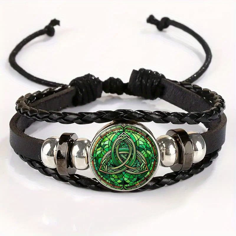 TEMU Adjustable Charm Bracelet - Green Shamrock With Celtic Pendant, Black Leather Wristband For , Casual Attire &, For Teenager
