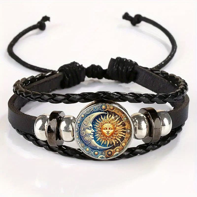 TEMU Adjustable Vintage Celestial Charm Bracelet - Black Leather Wristband With Moon, Sun, Star & Universe Charms, Mixed For Casual Attire Gift , For Teenager
