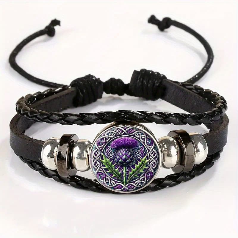TEMU Adjustable Vintage Bracelet With Scottish Thistle Floral Celtic Knot Pattern Pendant - Stylish Black Faux Leather Wristband For Casual Attire Or, For Teenager