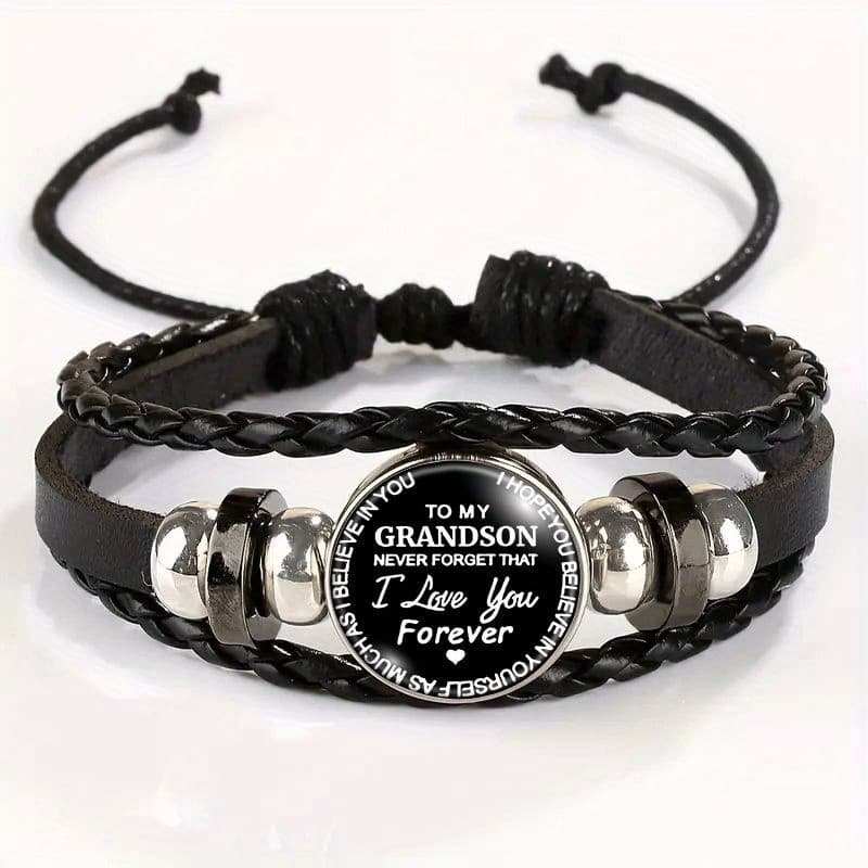 TEMU Adjustable Vintage Bracelet With Grandson Pendant - Stylish Black Leather Wristband For Casual Attire, For Teenager